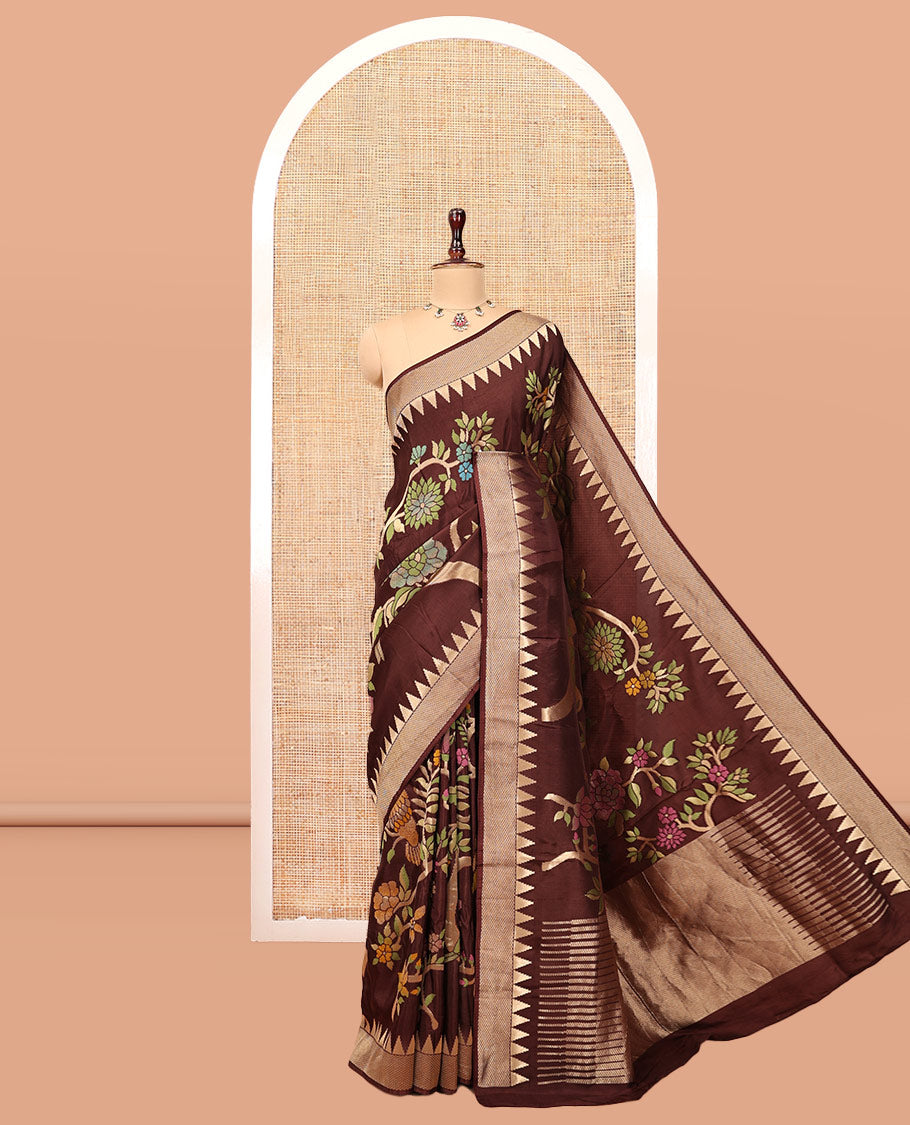 Coffee Brown Paithani Floral Motifs Dola Silk Saree, Temple Border, Matching Blouse