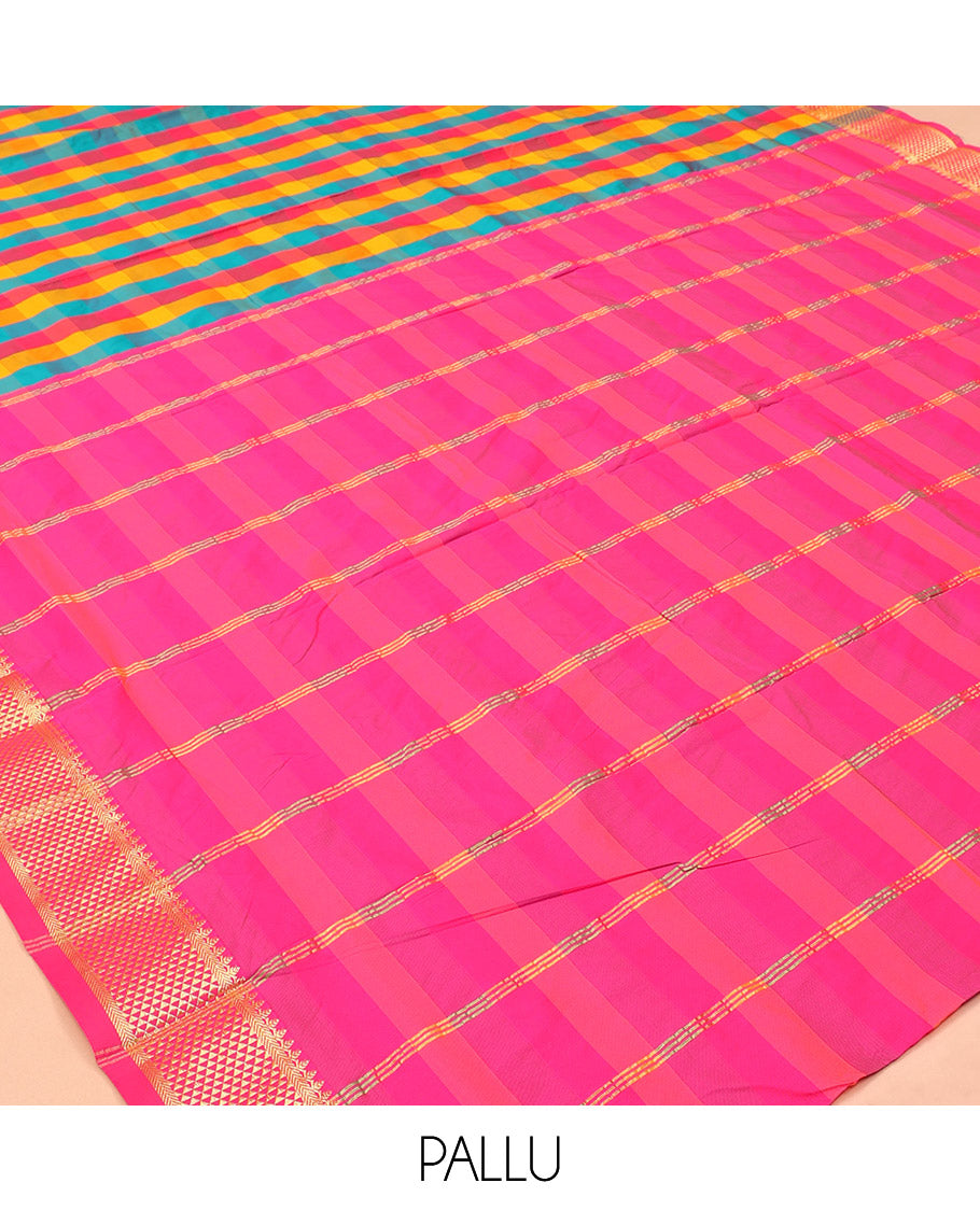Multi-Color Palum Pazhamum Checked Nine-Yard Saree, Highlighted by a Ara Maadam Border, Contrast Pallu of Stripes, and No Blouse