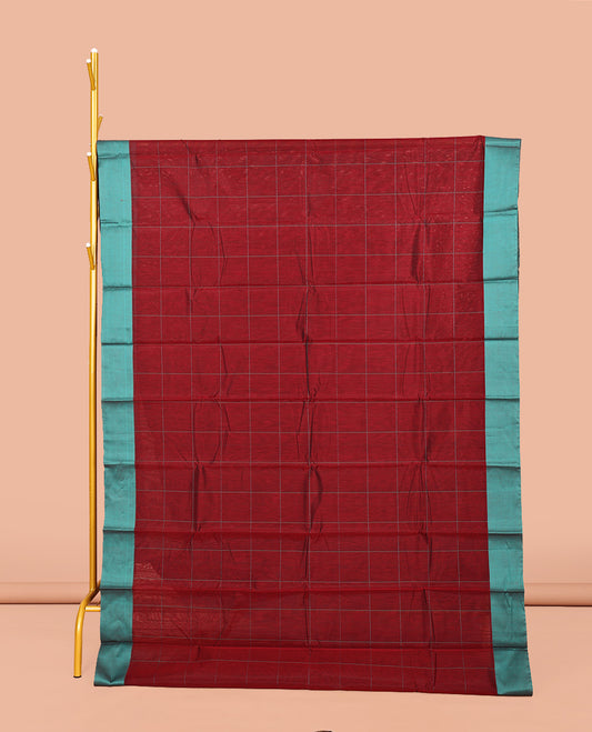 Maroon Semi-Silk Cotton Saree, Sparsely Sparkled with Checks All Over Its Body, Complemented by a Contrast Border, Contrast Pallu, and Paired with a Contrast Blouse