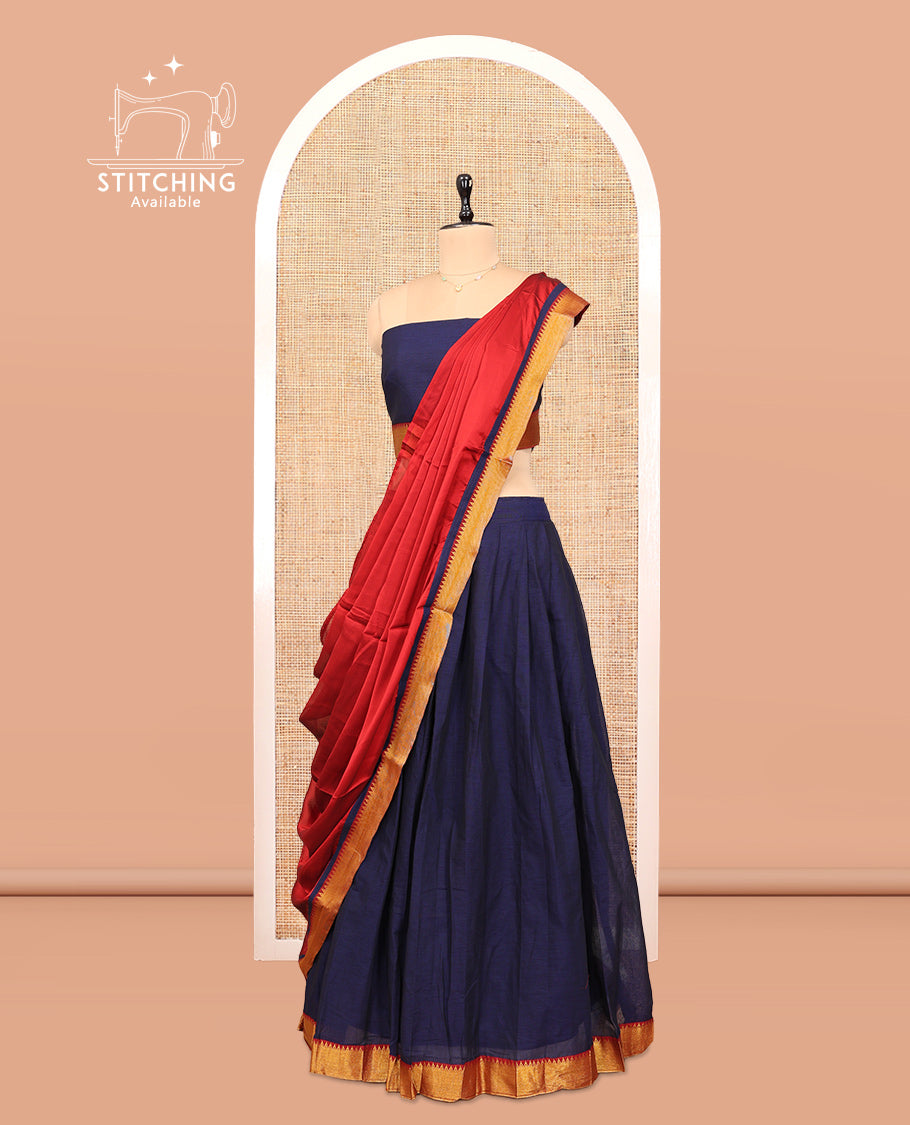 Dark Violet Cotton Half-Saree Features Plain Skirt, a Contrast Temple Zari Temple Border, a Matching Blouse, and a Contrast Dhavani