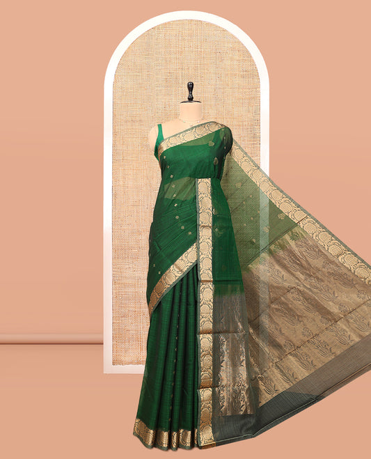 Green Silk Cotton Saree, Woven with Zari Buttas, a Contrast Floral Creeper Border, Grand Pallu, and a Contrast Blouse