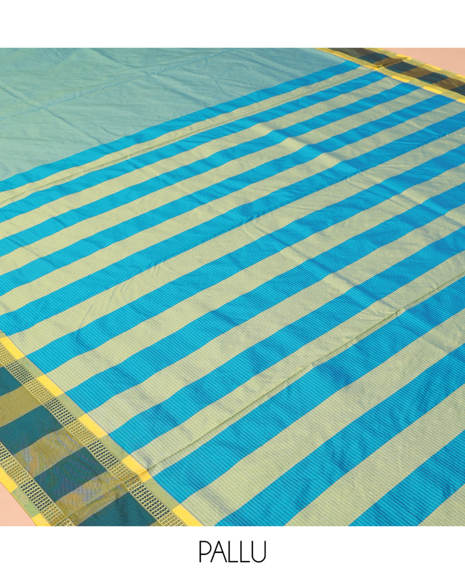 Light Blue Micro-Checked Art-Silk Nine Yard Saree, a Contrast Traditional Zari Border, Striped Pallu, and No Blouse