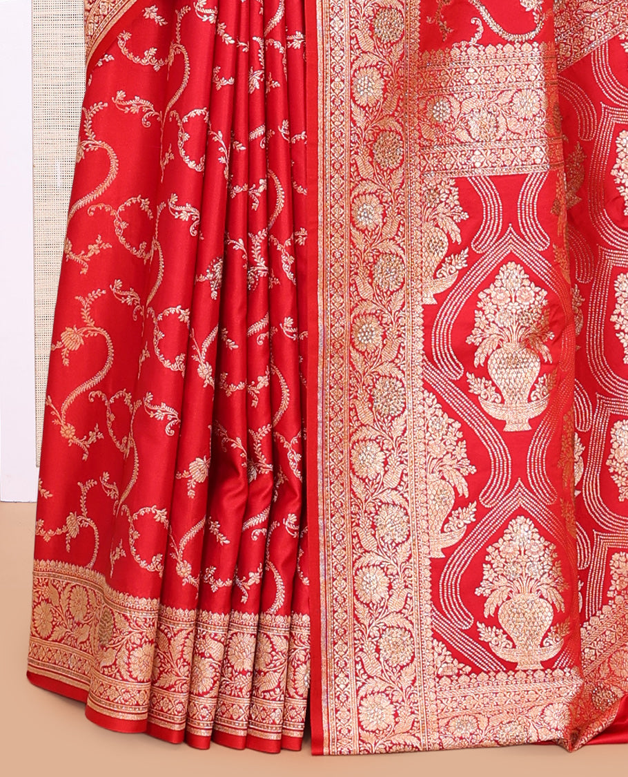Red Semi-Banaras Satin Silk Saree