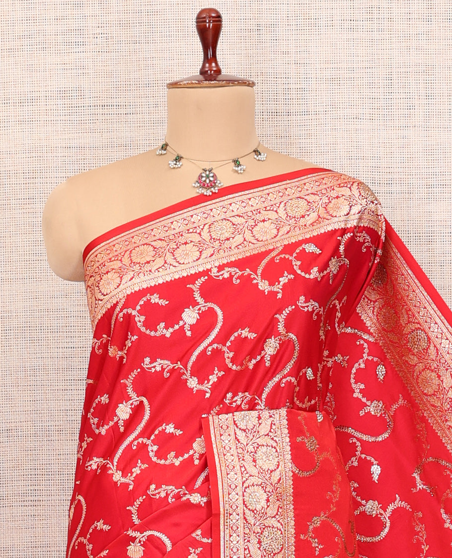 Red Semi-Banaras Satin Silk Saree