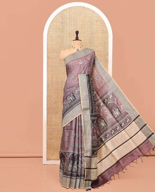 Purple Tussar Silk Saree, Styled with Human Motif and Checks, Contrast Geometric and Human Motif Border, Heathered Pallu, and Matching Blouse