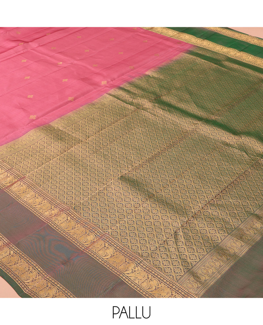 Pink Vasundhara Lite Silk Mix Saree Features Zari Buttas, a Contrast Rettai Pettu Traditional Border of Mayil Designs, Jaal Pallu, and a Contrast Blouse