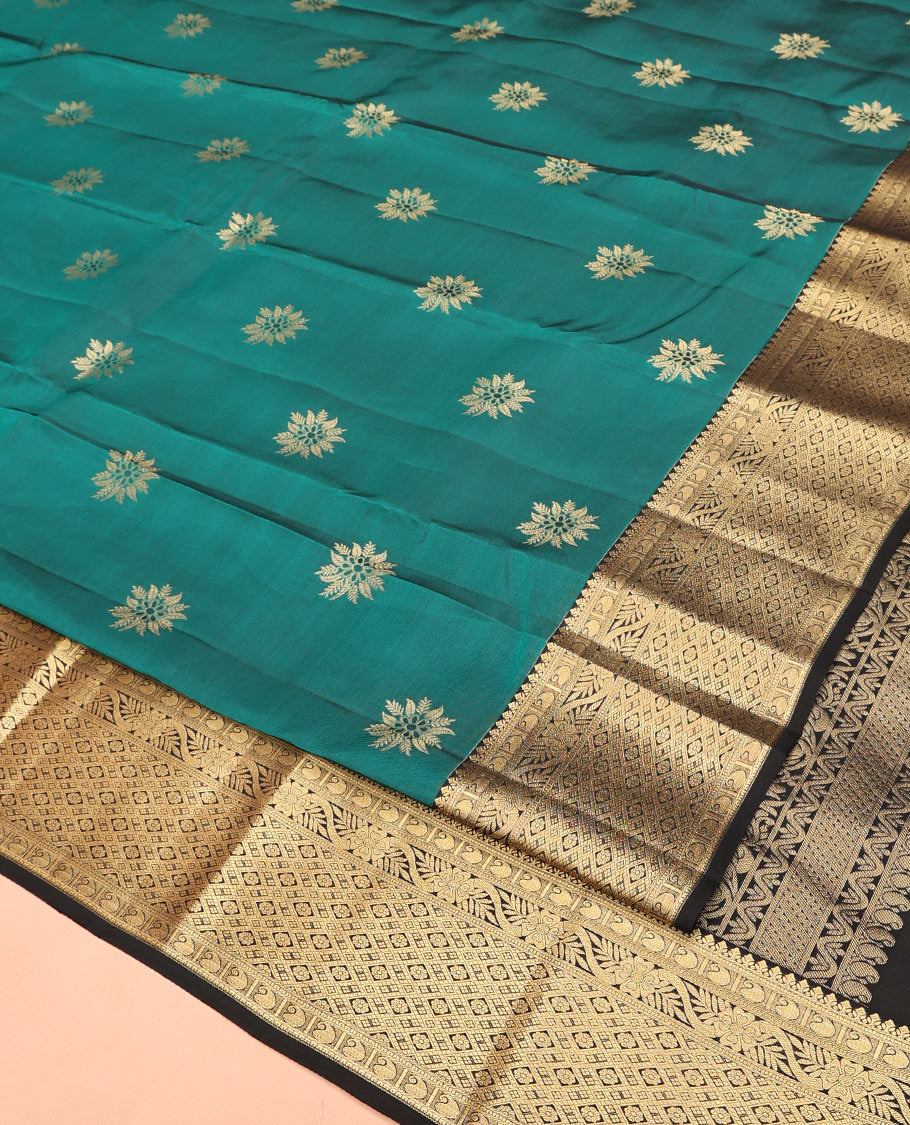 Green Vasundhara Lite Silk Mix Saree, Adorned with Zari Buttas All Over Its Body, Complemented by Contrast Border of Floral and Jaal Designs, Grand Pallu, and Paired with a Contrast Blouse