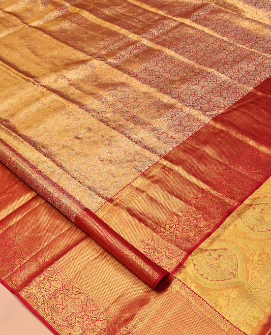 Red Kanchipuram Tissue Silk Saree, Opulently Embellished with Jacquard Design, Complemented by Contrast Border of Kathir, Mayil Kann, and Mayil, Grand Pallu, and Contrast Blouse