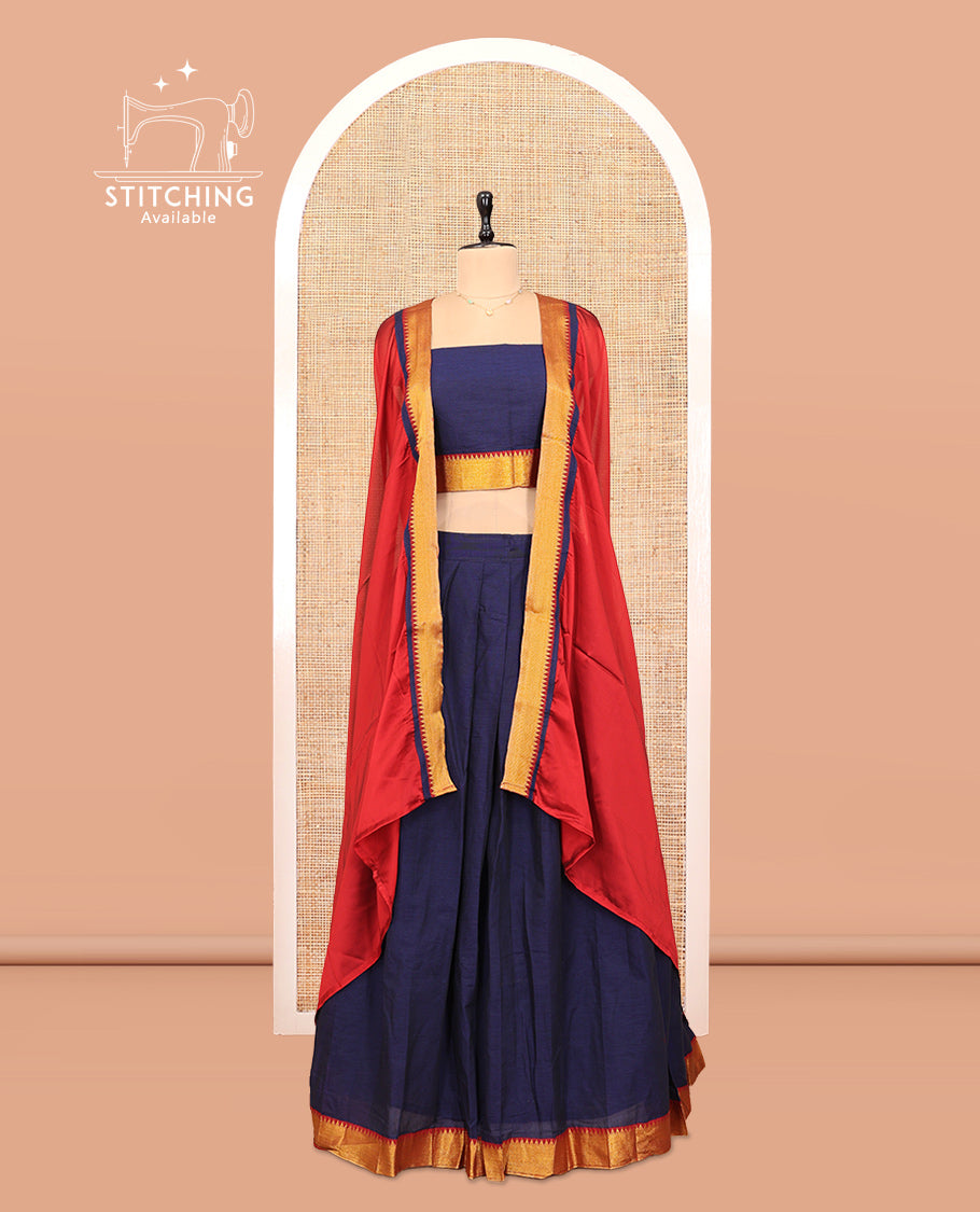 Dark Violet Cotton Half-Saree Features Plain Skirt, a Contrast Temple Zari Temple Border, a Matching Blouse, and a Contrast Dhavani