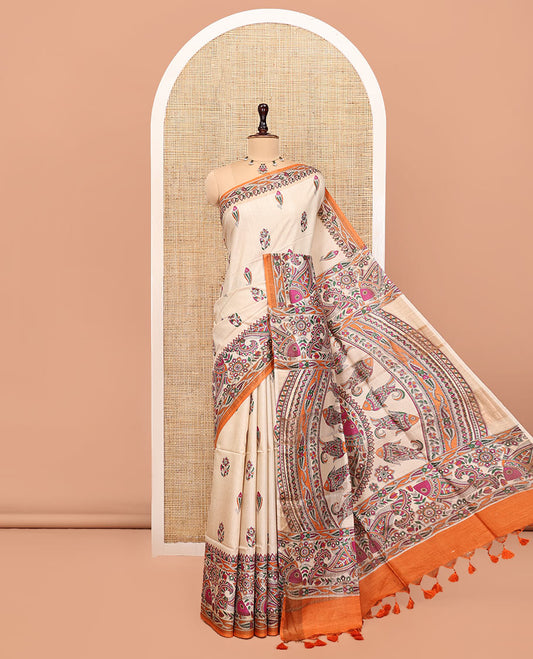 Cream Tussar Silk Saree, Artfully Detailed with Floral-Fish Madhubani Print, a Complemented by Contrast Madhubani Printed Border, Pallu of Madhubani Fishes, and a Contrast Blouse