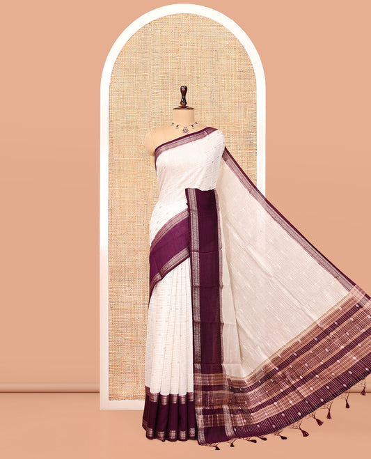 Cream Assam Silk Saree, Impeccably Styled with Zari Stripes, Complemented by a Contrast Traditional Zari Border, Zari-Striped Pallu, and a Contrast Blouse