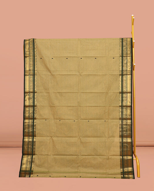 Green Chettinad Cotton Saree, Finely Woven Buttas All Over Its Body, Complemented by Contrast Traditional Zari Design Border, Pallu of Stripes, and Paired with a Matching Blouse