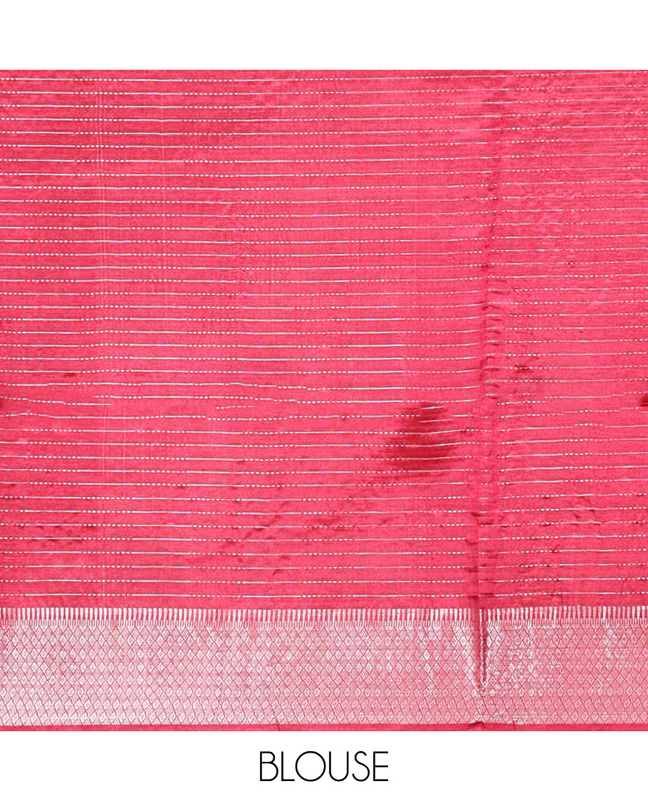 Red Banana Pith Saree, Elevated with Zari Stripes All Over Its Body, Highlighted by Temple Border of Jaal Designs, Subtly Striped Pallu, and Paired with a Matching Blouse