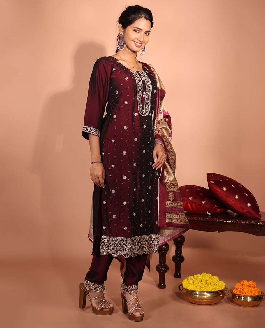 Maroon Vichitra Silk Readymade Suit