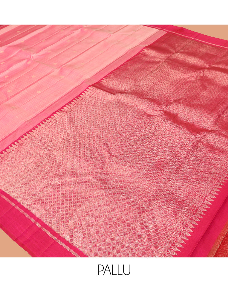 Pink Kanchipuram Silk Saree, Subtly Sparkled with Checks and Buttas, Complemented by a Contrast Border, Grand Jaal Pallu, and a Contrast Blouse