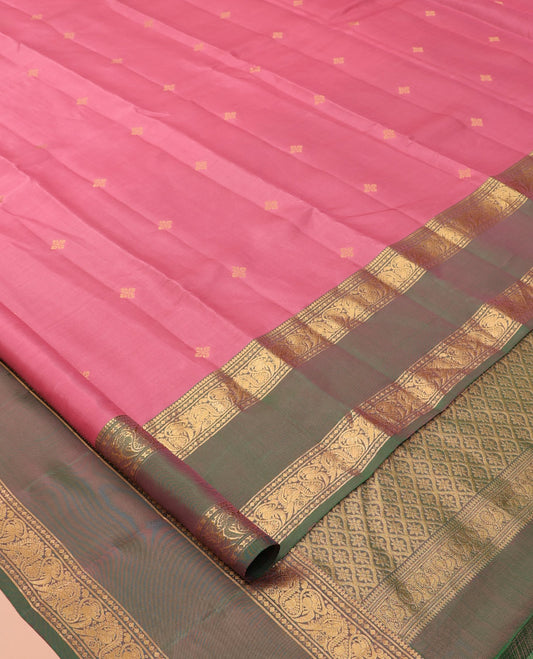 Pink Vasundhara Lite Silk Mix Saree Features Zari Buttas, a Contrast Rettai Pettu Traditional Border of Mayil Designs, Jaal Pallu, and a Contrast Blouse