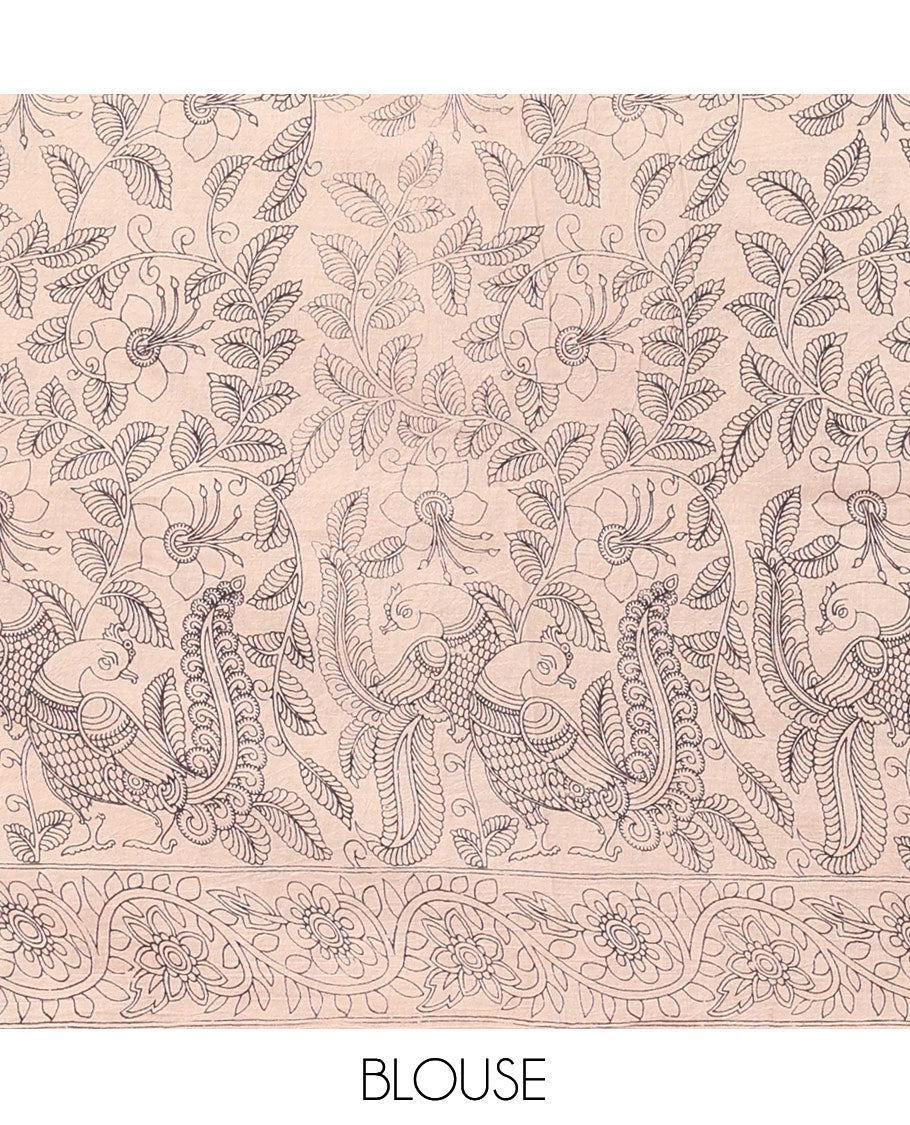 Blue Kalamkari Cotton Saree, Adorned with Floral Vine Print, Contrast Printed Border, Kalamkari Musical Instrument Motifs Pallu, and a Contrast Blouse