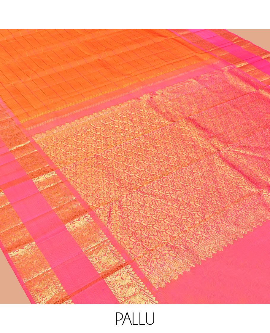 Orange Striped Kanchipuram Silk Saree, Complemented by a Contrast Rettai Pettu Border of Rekku, Mayil,  and Kuthirai Designs, Floral Jaal Pallu, and Contrast Blouse