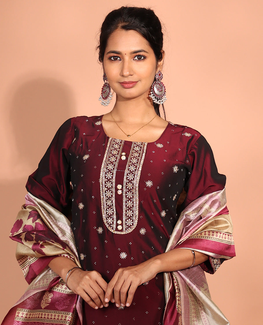 Maroon Vichitra Silk Readymade Suit