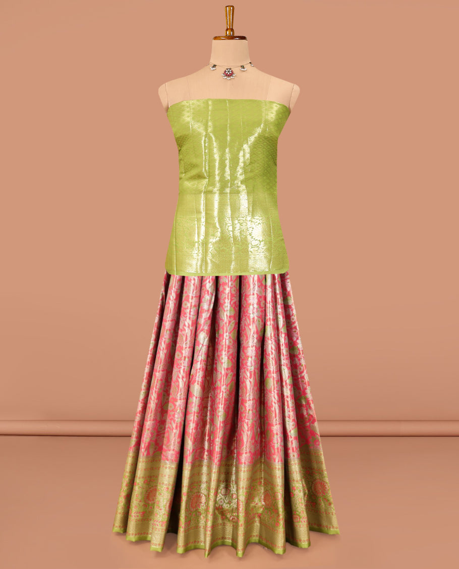 Pink Art Silk Material Half Saree Set, Enriched with Jacquard Skirt, a Contrast Meenakari Floral Border, Contrast Blouse, and an Intricate Dhavani