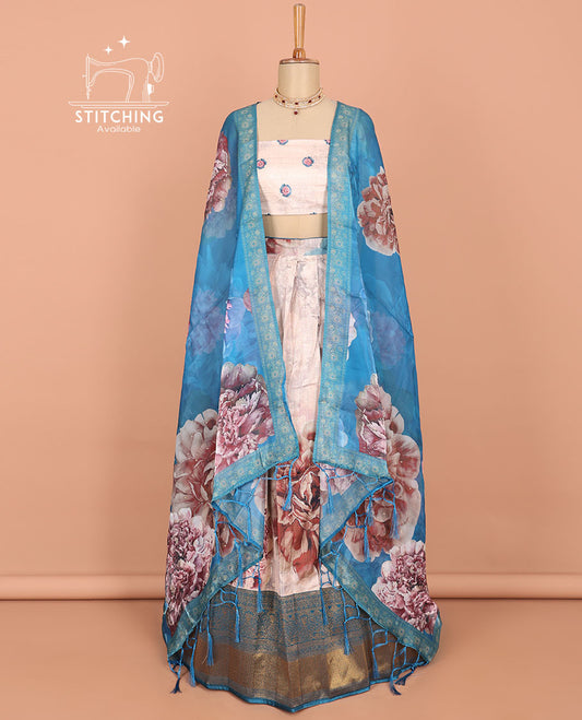 Cream floral printed art silk half saree, contrast traditional design border, jacquard blouse & floral printed dhavani