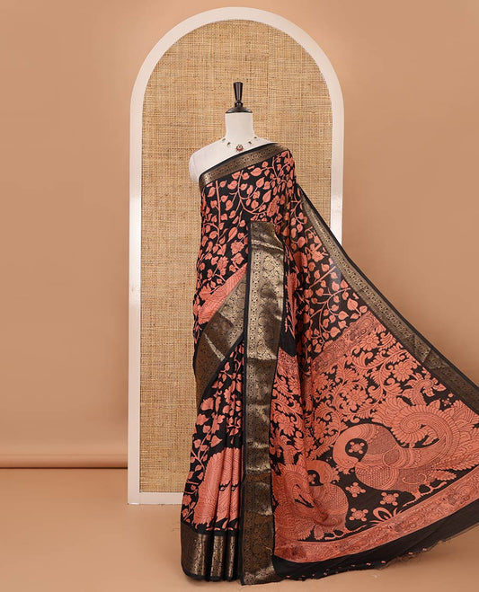 Black-pink kalamkari floral vine & peacock printed Dola silk saree,traditional zari border,kalamkari print pallu & matching blouse of print & zariwork