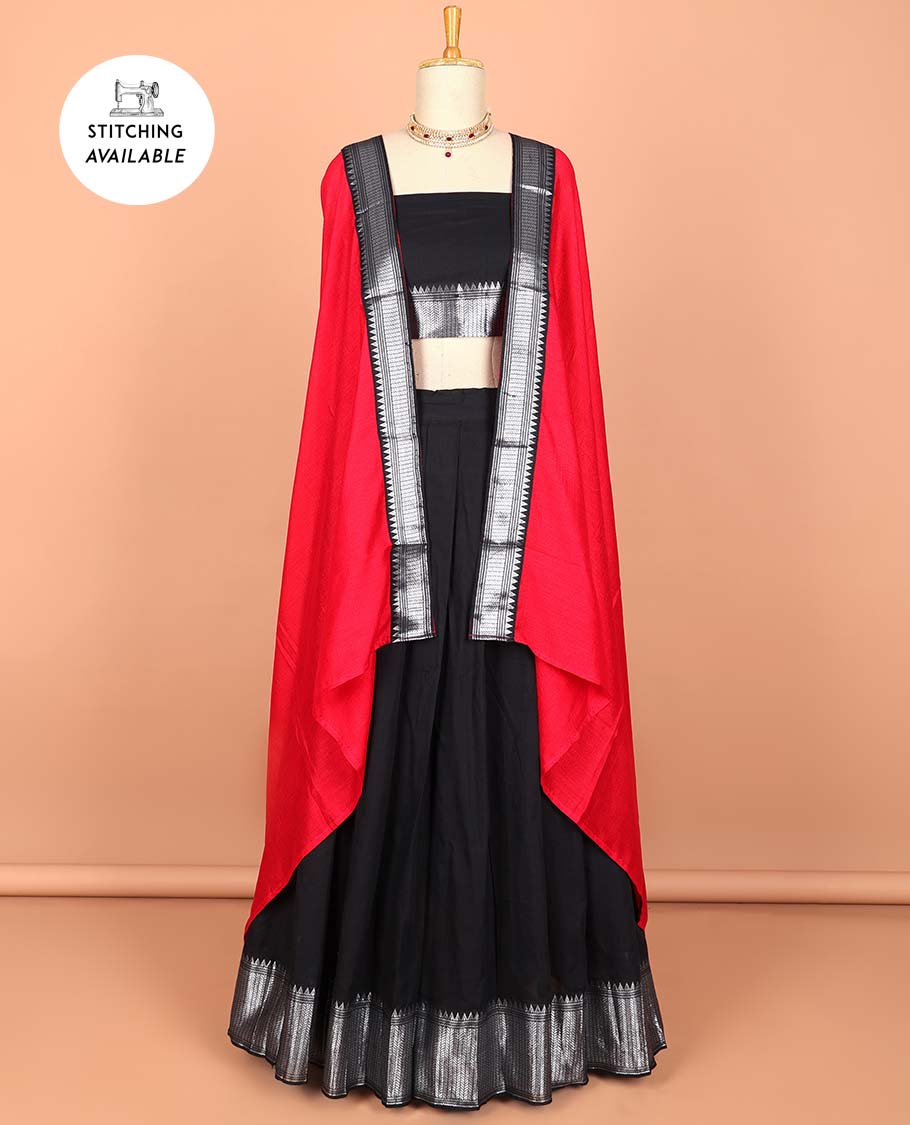 Violet cotton half saree with contrast zari border, plain blouse & plain with zari border dhavani