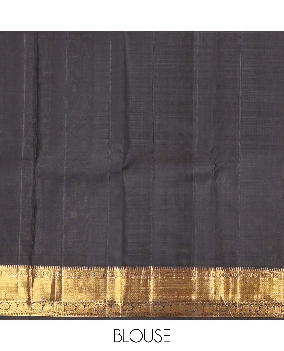 Pink zari buttas Kanchipuram korvai silk saree, contrast neer korvai border of rekku, muthu, laddu kamalam, neli, myil, and manga designs, and pallu of laddu kamalam designs