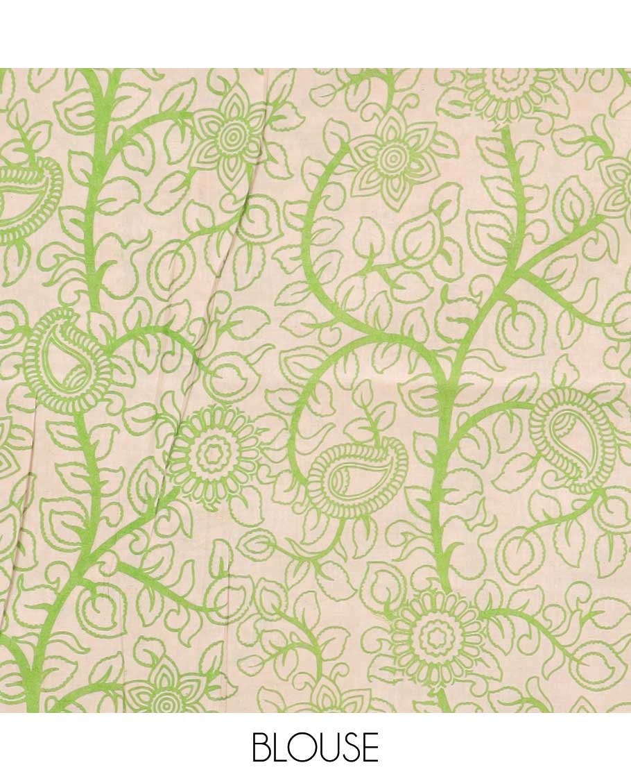 Cream floral design machine-printed kalamkari cotton saree with contrast floral design & peacock design pallu