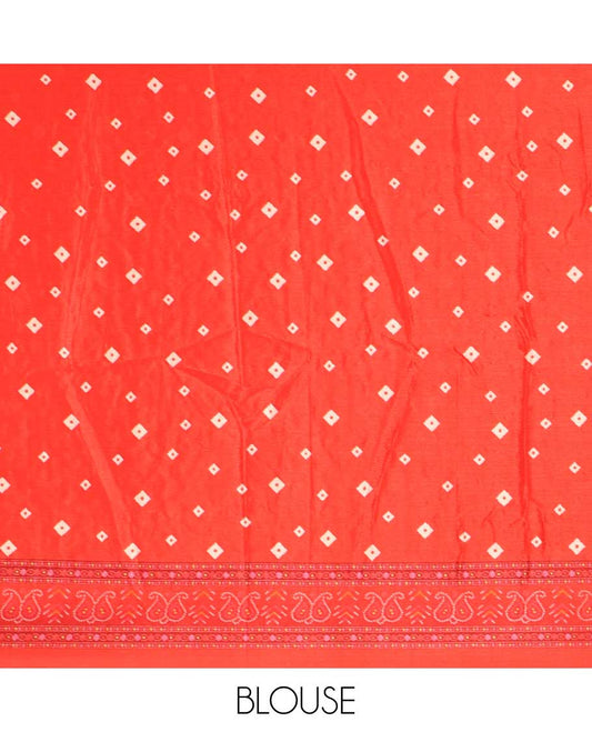 Red bhandani style printed, mirror work masakali saree with self mango bhandani printed, mirror work border 7 printed pallu along with printed blouse