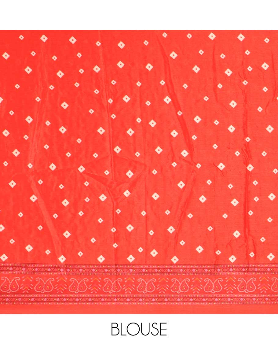 Red bhandani style printed, mirror work masakali saree with self mango bhandani printed, mirror work border 7 printed pallu along with printed blouse