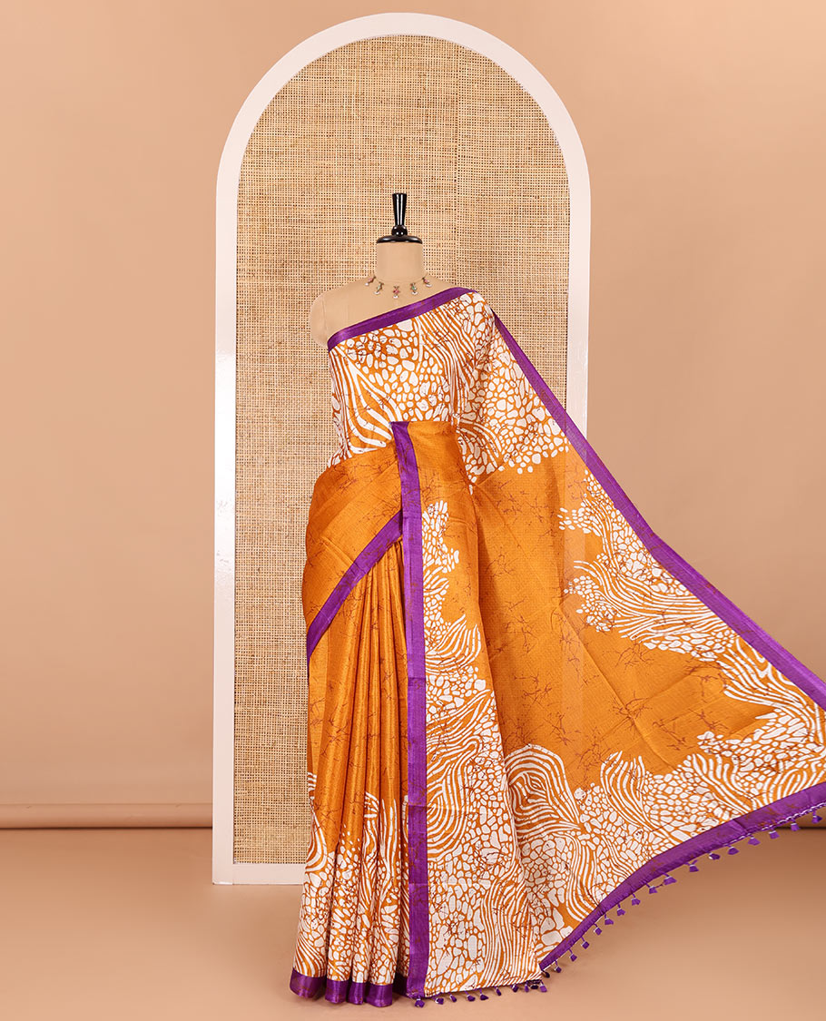 Mustard batik printed art Khadi cotton saree, batik printed border, batik printed pallu, and a contrast batik printed blouse