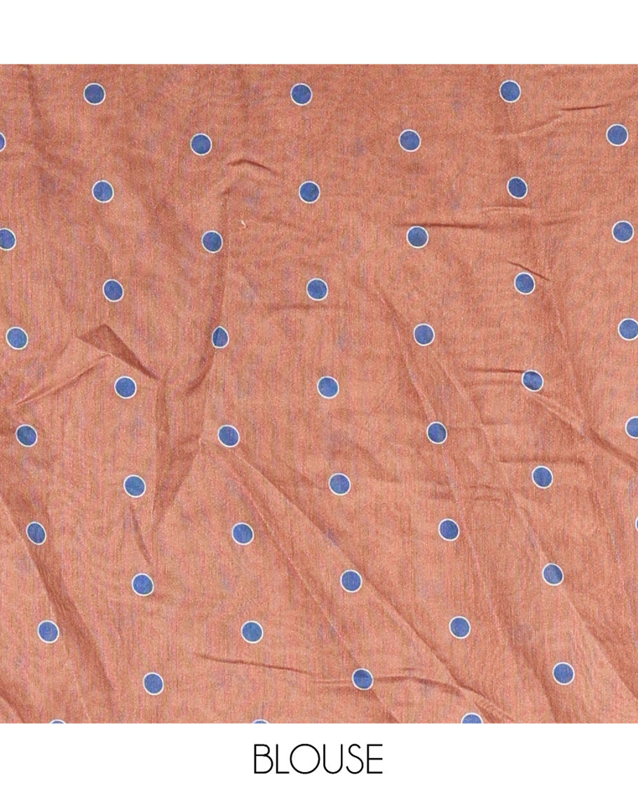 Brown-Blue Chiffon Saree, Elevated with Geometric Print, a Lace Border, and a Polka-Dotted Blouse