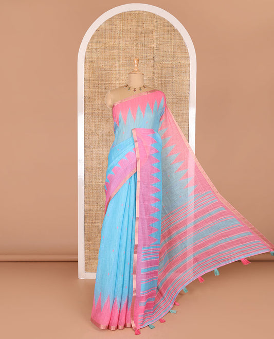 Blue small thread buttas linen cotton saree, contrast temple zari piping border, striped pallu and a contrast blouse