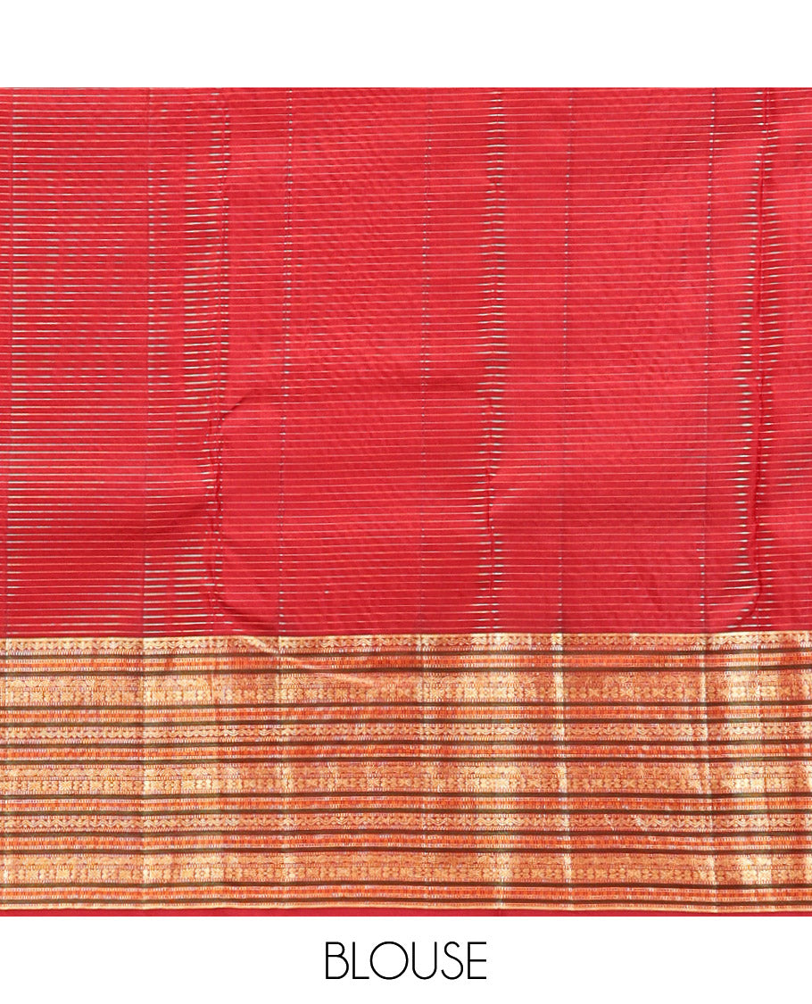 Red Kanchipuram Silk Saree, Woven with Zari Buttas and Checks, a Zari Jacquard Border, Jaal Pallu, and a Matching Blouse