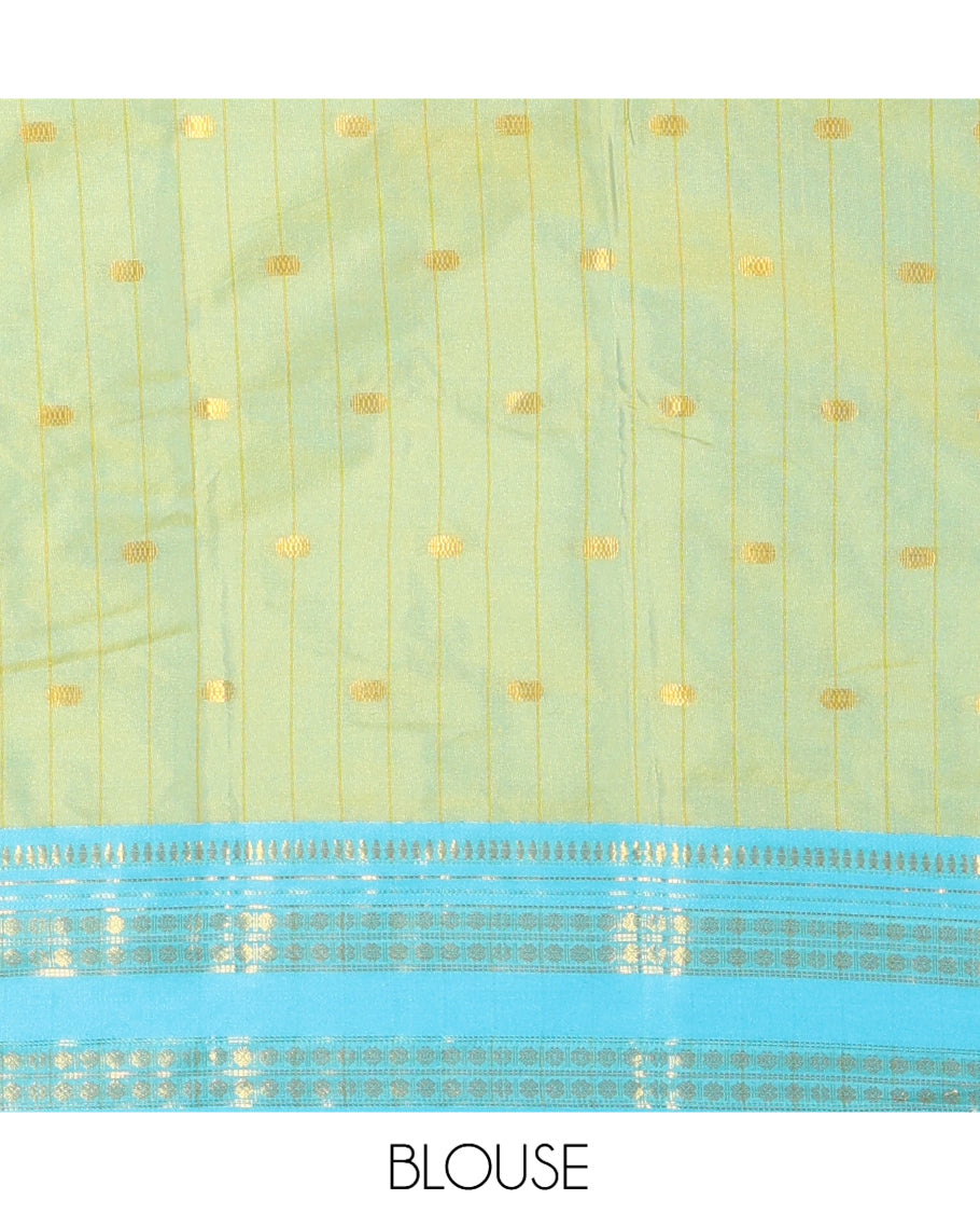 Parrot Green-Blue Softy Silk Saree, Adorned with Zari Buttas, a Contrast Traditional Zari Border, and a Matching Blouse
