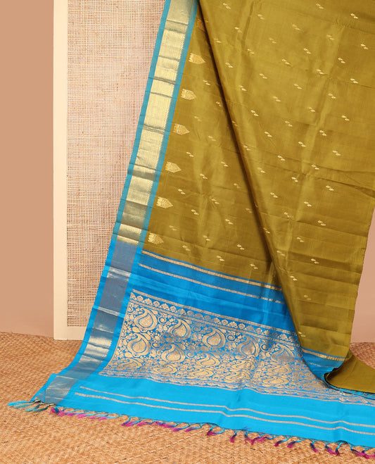 Green buttas kancheepuram silk saree with contrast korvai intricate zari design border & floral design pallu