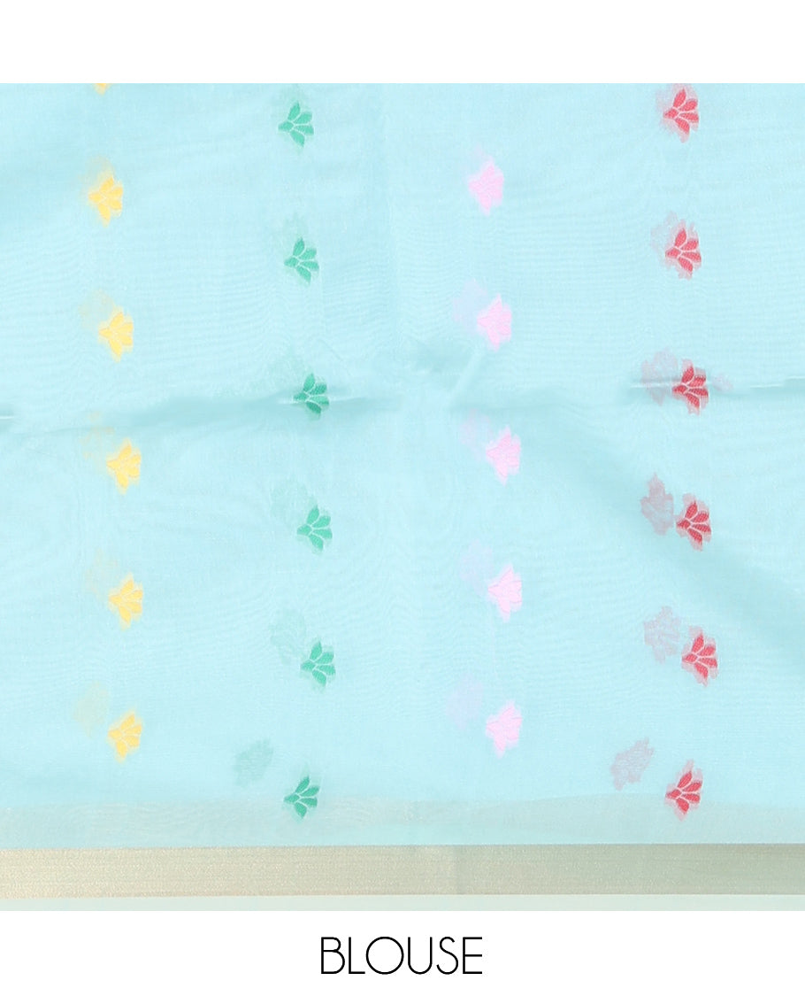 Sky Blue Meena Buttas Fancy Organza Silk Saree, a Zari Border, Paithani Floral-Macaw Pallu, Matching Blouse