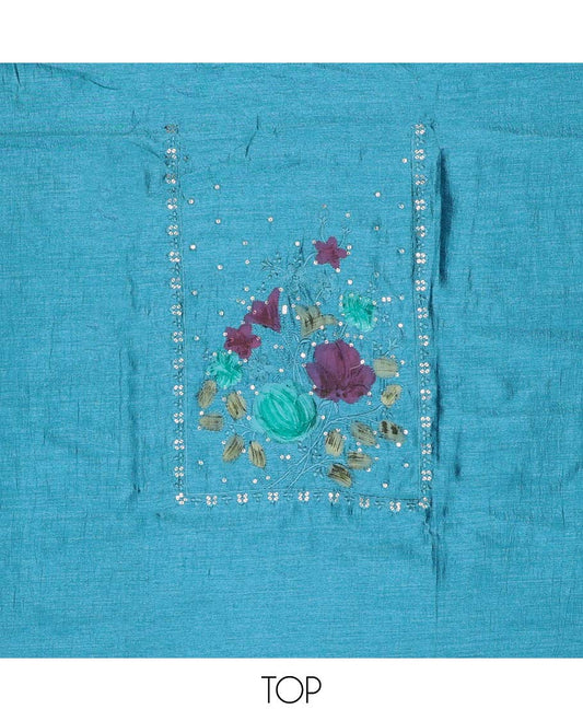Blue chudidhar material set floral embroidered top, with plain bottom & floral motifs dupatta