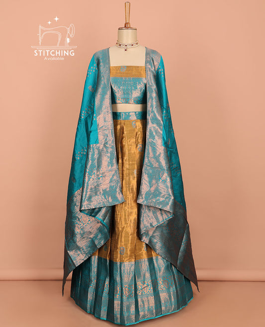Mustard buttas art silk half saree, contrast traditional design border, zari design blouse & intricate dhavani