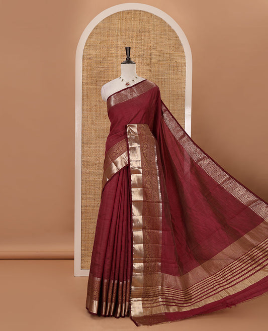 Purple plain tussar saree, traditional zari design border, pallu of zari stripes & matching traditional motif border blouse