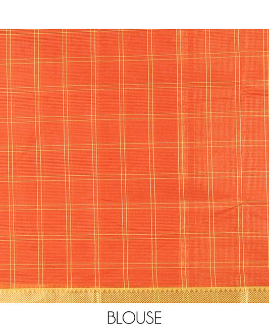 Orange checked design khadi cotton saree, contrast zari border & traditional zari design pallu