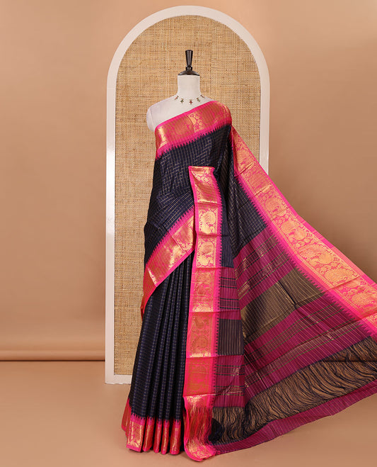 Navy blue zari checked semi-taffeta silk saree, contrast annam motifs zari woven temple border, striped pallu & contrast striped zari border blouse