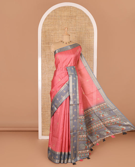 Pink micro-checked and swan motifs katan silk saree, contrast traditional zari border of swan motifs, printed pallu, and contrast buttas blouse
