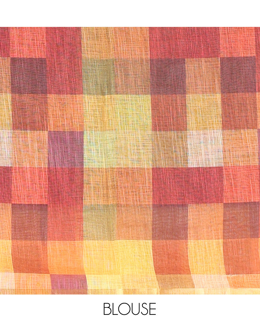 Black-Yellow Plain Linen Cotton Saree, a Contrast Checked Border, Checked Pallu, and a Contrast Blouse