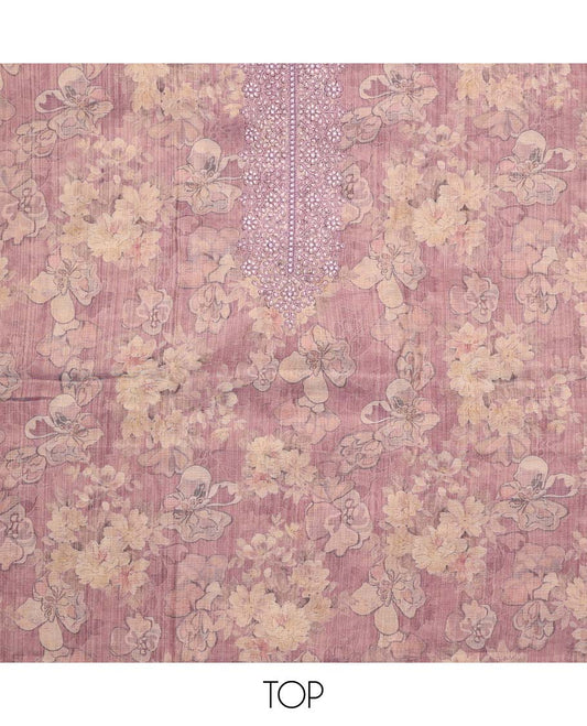 Mauve chudidhar material set floral printed with thread embroidery top, plain bottom & floral motif embroidery scallop border dupatta