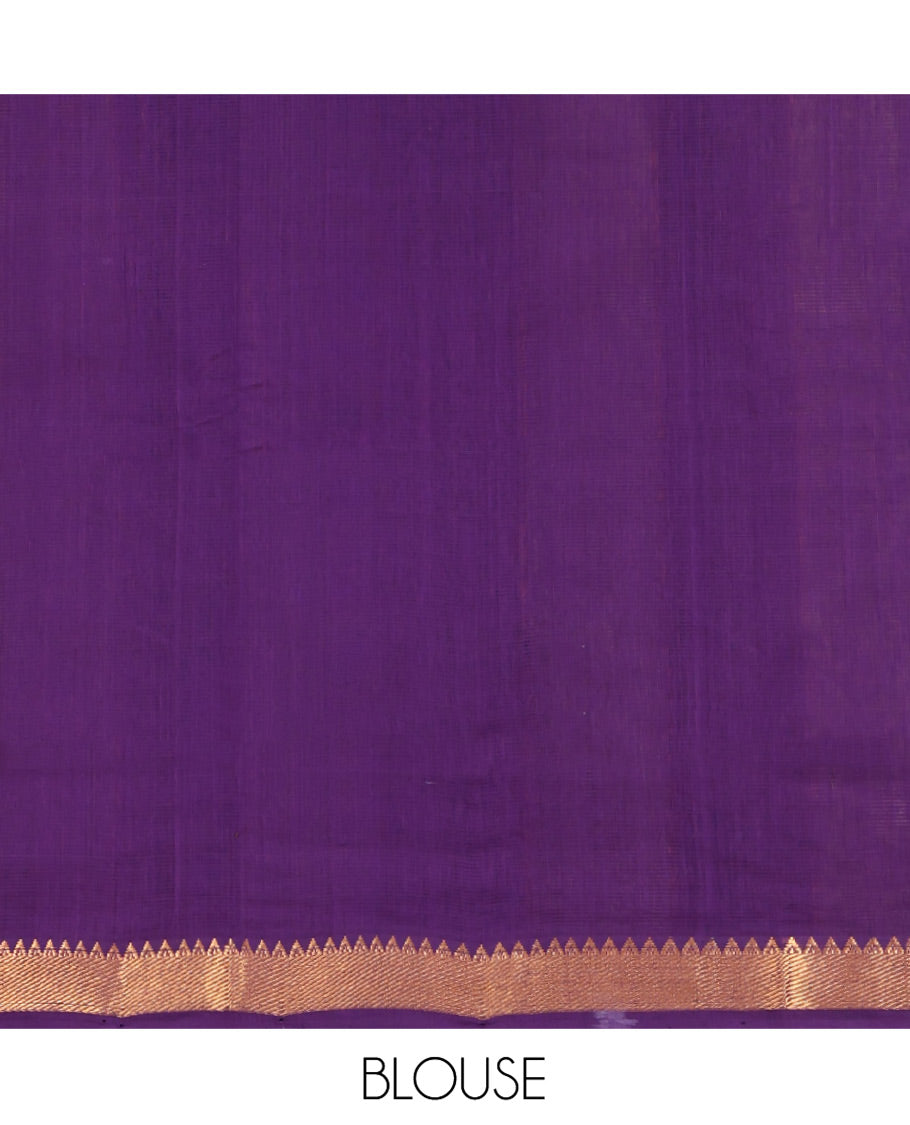 Violet-Grey Mangalgiri Cotton Saree, Gleamed Up with Stripes on Its Body, Complemented by Contrast Zari Temple Border, Zari-Striped Pallu, and Paired with a Matching Blouse