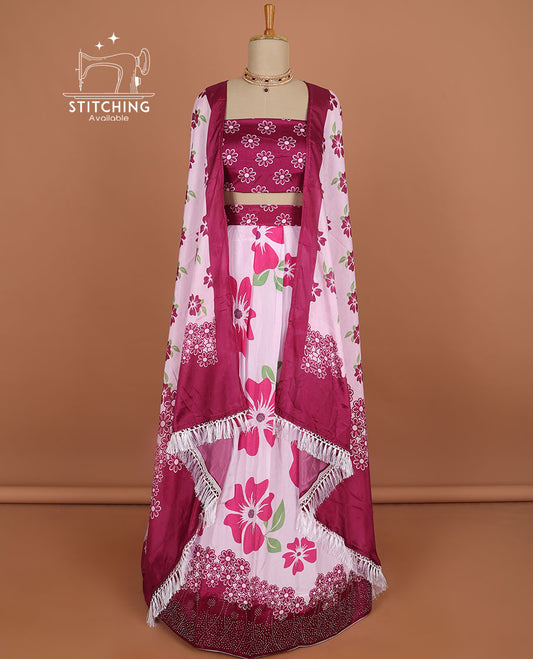 Light pink floral design half saree with contrast border, floral design blouse & floral design dhavani