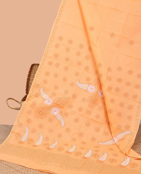 Orange floral embroidery lucknowi chikankari cotton saree,self scallop design border & pallu of floral embroidery