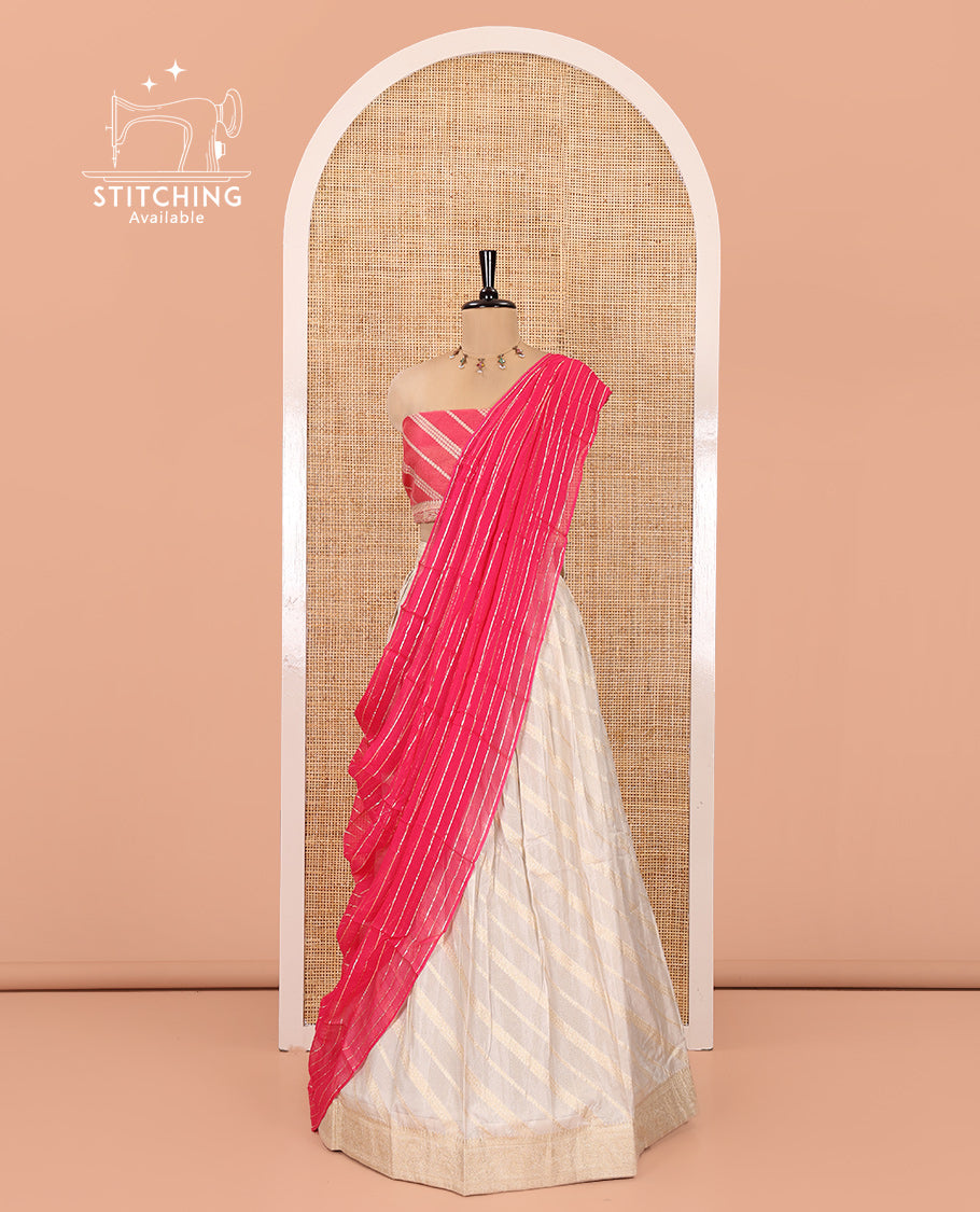 Cream-Rani Pink Semi-Banarasi Half-Saree Features Leheriya Striped Skirt, Contrast Leheriya Striped Blouse, Georgette Striped Dhavani